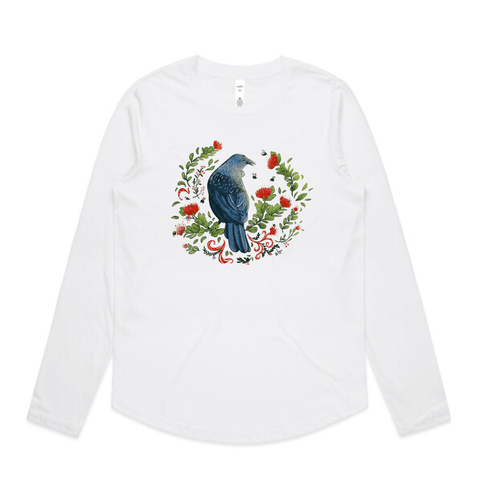 Christmas Party - Tui & Pohutukawa Tree long sleeve t shirt - doodlewear