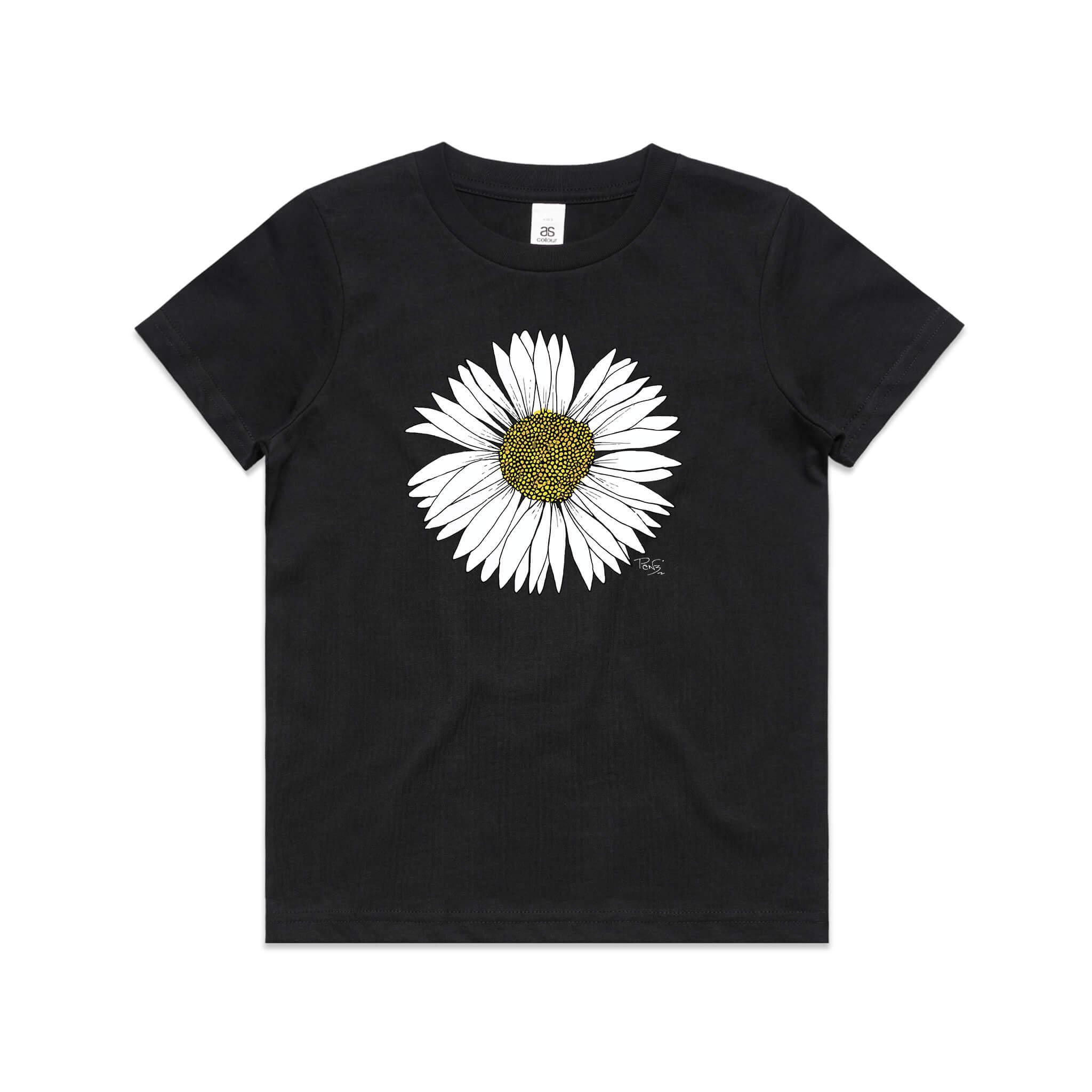 doodlewear daisy tee kids youth black by artist Penny Royal Design