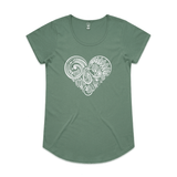 doodlewear Tui's Lace heart kiwiana tshirt AS Colour Womens Mali Sage by artist Anna Mollekin